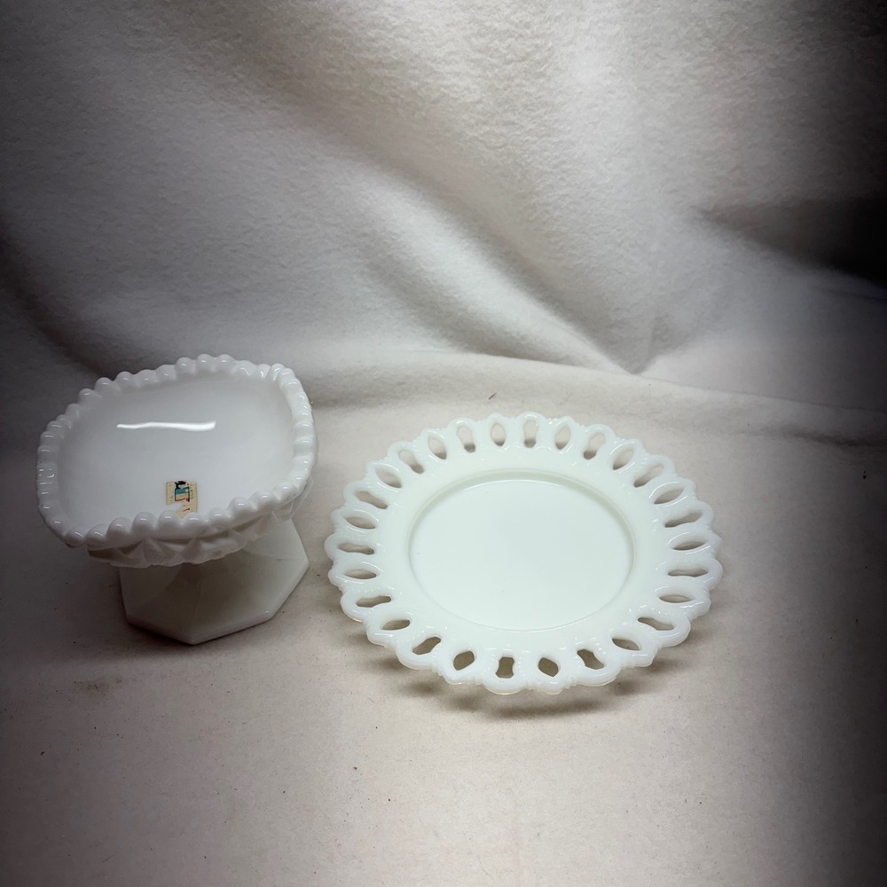 Vintage Milk Glass Pedestal Candy Dish Lace Edge Plate Set